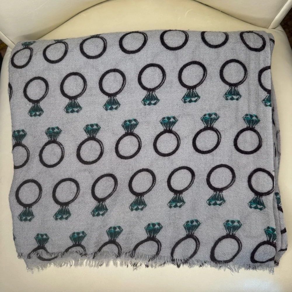 YARNZ Diamond Ring Pattern Cashmere Wool Oversized Scarf Wrap Grey Teal Brown